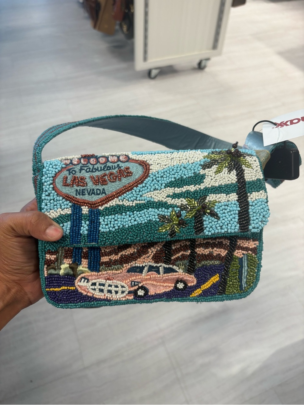 Beaded Las Vegas Scene Shoulder Bag in Teal and Pink